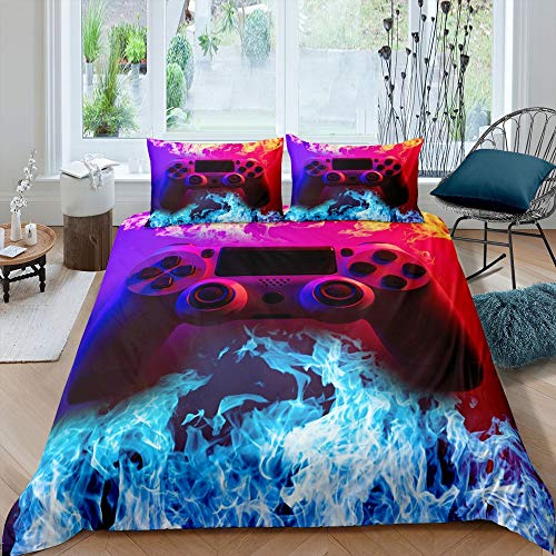 Homewish Teen Gamer Tröster Abdeckung 3D Feuer Gamepad Gedruckt Bettwäsche Set Virtuelle E-Sport Bettdecke Kinder Jungen Spiel Controller Flamme Bettdecken Abdeckung Kind Gaming Beddecor 2pcs 135×200