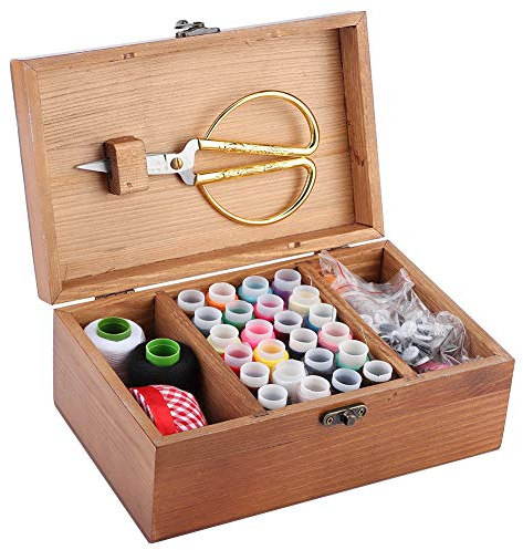Nähkasten aus Holz mit Fächern, Vintage Nähset Box Nähkorbetui mit Nähset für Nähwerkzeuge Zubehör(With Sewing Kit)