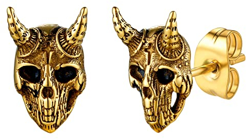 U7 Goldene Creolen Damen Edelstahl Ohrringe Damen Satan Ziegen Totenkopf Ohrstecker Gold Creolen Herren Baphomet Totenköpfe Ohrring Herren Satan Ziegenkopf Ohrpiercing Modeschmuck für Schwester