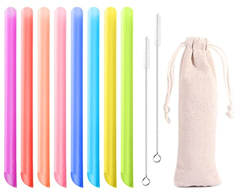 8 Straws with 2 Straw Cleaning Brushes, 1 Storage Bag, Bubble Tea Straws, Reusable Thick Plastic Straws for Smoothie Cups, Cocktails