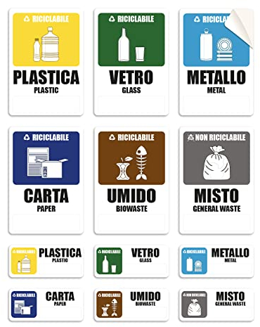 Aufkleber für Mülltrennung, italienisch, wasserdicht, Set für Mülltrennung, für den Innen- oder Außenbereich, Mülltonnenetiketten