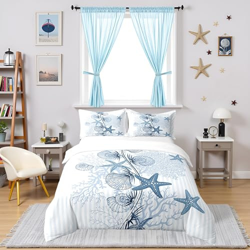100% Natural Cotton Watercolor Ocean Theme Duvet Cover King for Boys Girls,Blue Starfish Conch Bedding Set,Coral Pattern Stripe Quilt Cover Bedding 3 Piece (No Comforter)