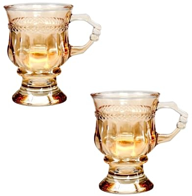 JOYMENTHERE Irish Coffee Mugs, Glass Footed Espresso Cups with Handles, Clear Goblet Mugs Glasses for Coffee, Latte, Cappuccino, Smoothie, Hot&Cold, 4.2 Oz, Set of 2 (Amber)