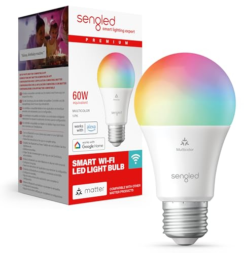 Sengled Bombilla LED inteligente (E27), habilitada para Matter y Alexa, multicolor, equivalente a 60 W, 800 lm, emparejamiento instantáneo, necesita plataforma compatible con Matter, 2,4 GHz, Wi-Fi