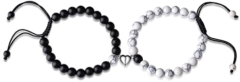 XIANNVXI Pärchen Armband Partnerarmbänder Kristalle Perlen Partner Armbänder für Paare Herz Matching Bracelets Valentinstag Geschenke für Frauen Männer(Lava Rock & Weiß Türkis)