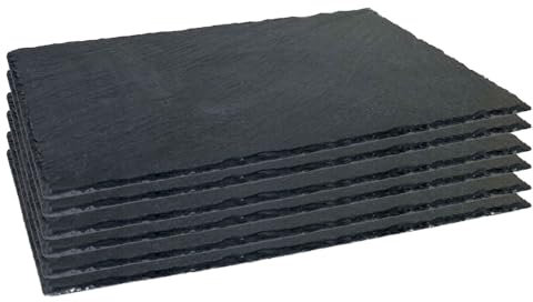 Acan Tradineur - Pack de 6 Platos de Pizarra Cuadrado, Bandeja para hosteleria, servicio y degustación, Canto rústico, Tabla de Piedra Natural para Servir Aperitivos - 25 x 15 cm