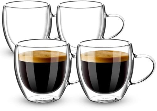 Esilihom 4 Pack Double Walled Coffee Glasses Mugs, 250ml Cappuccino Latte Macchiato Glasses Cups with Handle, Heat Resistant Borosilicate Glasses Cup for Coffee Tea Milk Juice Ice Cream