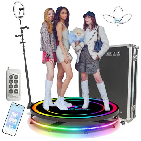 VeEthi 360° Photo Booth Machine + Flight Case, 360 Camera Booth Selfie Platform with Adjustable Stand, Intelligent Remote+APP Control, 3 Colour Lighting Modes, for Party, Festival, Wedding, 80CM