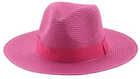 Yeuyyben Sombreros de pescador para mujer, sombreros de sol con banda de cinta, sombrero de paja para verano, estilo panamá, formal, al aire libre, fiesta, sombreros, Rosa Roja, 56/58 cm
