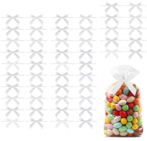 Lilbitty 50pcs kleine Schleifen,Mini Schleifen aus vorgebundenem Satinband,Schleifen zum Binden für Leckerli Tüten,vorgefertigte Schleifen für Geschenk DIY Keks Bonbontüten