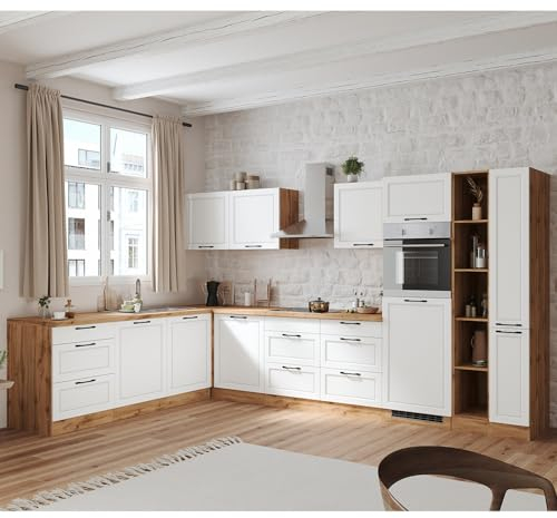 Lomadox Winkelküche Küche Einbauküche Küchenzeile L-Form 360/240 cm mit E-Geräten in weiß und Eiche, Arbeitsplatte in Eiche, inkl. Dunstabzugshaube, Herd, Backofen, Geschirrspüler