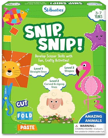 Skillmatics Scissor Skills Activity Book - Snip Snip Animals, Christmas Stocking Stuffers, 25 Fun Cutting & Creative Activities, 2 Child-Safe Scissors, Felt Craft Kit, Gift for Kids Ages 3, 4, 5, 6, 7