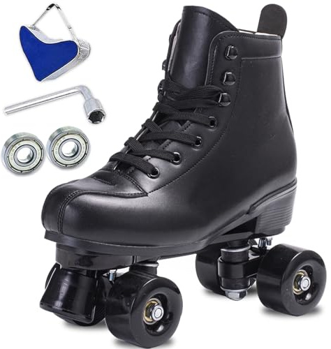 SCNUT Skates Women's Men's High Top Black PU Leather Classic Double Row Adjustable Outdoor Indoor Quad Skates and Roller Derby (Black Wheel, 44-Women's10 / Men's 9)