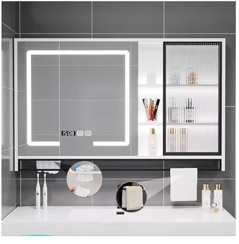 Spiegelschrank Bad mit LED, spiegelschrank mit beleuchtung,badezimmerschrank mit spiegel,Beleuchtung Badezimmerschrank Hängeschrank Badezimmerspiegel,Handtuchhalter(White,W120*H75cm/W47.2*H29.5in)