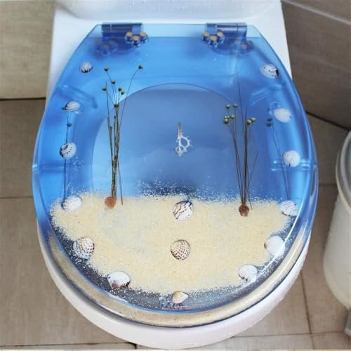 Sedile WC con sistema di chiusura rallentata a forma di O/V/U, doppio sistema di fissaggio, antibatterico, cerniere in acciaio inox, sgancio rapido, facile da pulire, con pietre (fiori secchi azzurri)