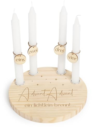 BOFUNX Advent Kerzentablett Holz Rund 20cm Tablett Kerzenhalter mit 1-4 Holz Adventszahlen Holzanhänger für Kerzen Kerzenhalter Deko Adventskranz Weihnachtskranz Tischdeko