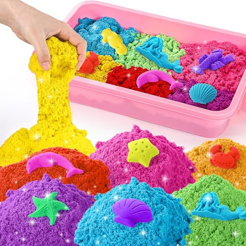 sikmcle kinetischer sand,Rainbow zaubersand Playset,Enthält 3500g kinetischen Sand in sieben Farben und eine Aufbewahrungsbox für kreative spielsand für drinnen (Rosa)