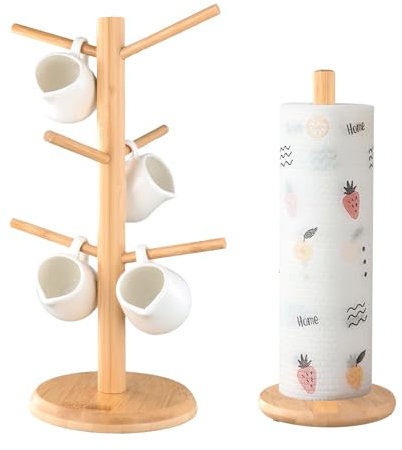 Bafeil Mug Tree and Kitchen Roll Holder Set, Wooden Mug Trees 6 Mugs Stand & Free Standing Paper Towel Holder Eco-Friendly for Kitchen Countertop Counter Storage Rack
