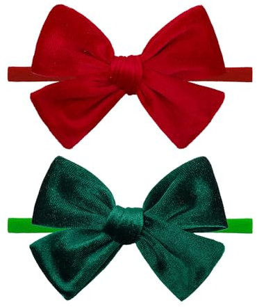 TELAIN Lot de 3 bandeaux pour cheveux, en velours, faits à la main, en nylon, élastiques, pour nouveau-nés, filles, rouge et vert