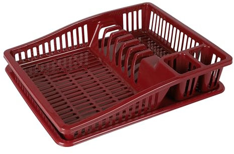 Plastic Dish Drainer with Drip Tray Plate Cutlery Drying Rack Kitchen Sink Utensil Draining Cup Holder Dish Washing Up Storage Tray for Kitchen Sink Counter Top Rectangular (Dark Red)