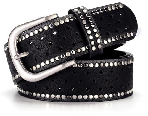 Jalach Damen Nieten Gürtel mit Stern Loch, breiter Ledergürtel, kürzbar Jeansgürtel, Leder Nietengürtel Glitzergürtel