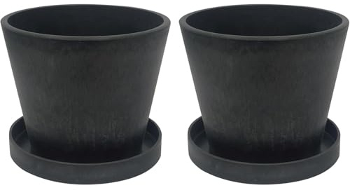 Olly & Rose Artstone Cloudy Black Pack 2 with Saucers - 17cm Medium Plant Pots Outdoor and Indoor - Black Planters - Flower Pots