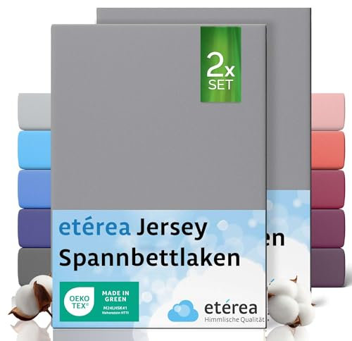 etérea Jersey 2er Set Spannbettlaken 80x160cm - 80x180cm Grau bis 20 cm Höhe - 100% Baumwolle Spannbetttuch Oekotex - Kinder Doppelpack Bettlaken 80x160 cm - 80x180 cm - Gray