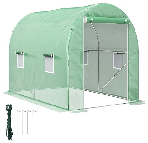 Outsunny Invernadero de Túnel 298x197x189 cm Invernadero de Jardín con 4 Ventanas Puerta Enrollable Estructura Metálica Galvanizado Cubierta PE 140g/m² para Flores Cultivos Plantas Verde