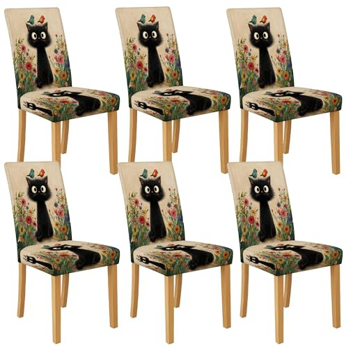 Stuhlhussen mit niedlicher Katze, dehnbar und waschbar, Spandex-Sitzschoner, verspielte Blumen-Schonbezüge für Wohnzimmer, Esszimmer, 6 Stück