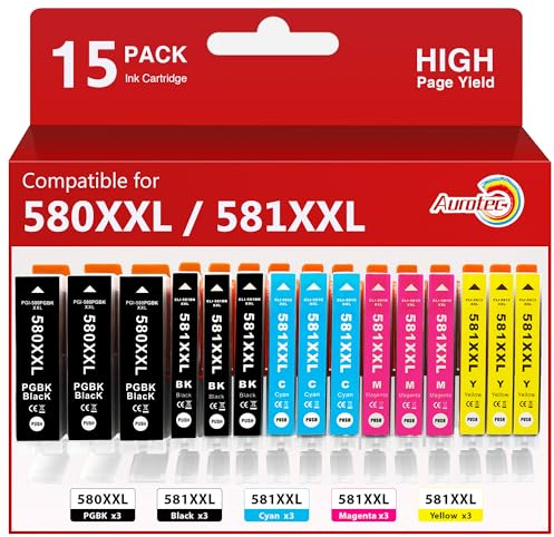 Aurotec PGI-580 CLI-581 XXL Druckerpatronen Kompatibel mit Canon 580 581XXL | 580 581 xxl Multipack für Canon Pixma TS6350 TR8550 TS9550 TS705a TR8500 TS6250 TR7550 TS6150 TS6300 TS8150 TR7550 (15 Pack)