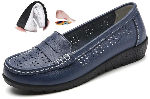 Mocassins orthopédiques pour femme en cuir respirant, large coupe mocassins classiques, mocassins de conduite, travail, chaussures d'allaitement, Bleu marine H, 36 EU