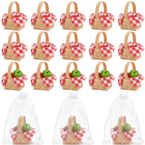 INTERWARM 24Sets Mini Woven Picnic Baskets, Mini Flower Fruit Baskets | Mini Bamboo Baskets with 40 Paper Tissues & 24 Organza Gift Bags for Wedding Favors Party Gifts Christmas Easter Decorations