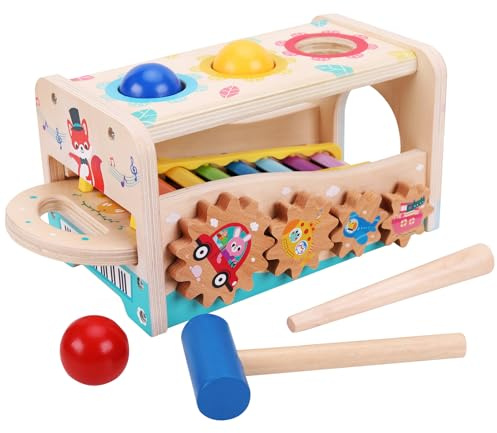ANPEAC Giocattoli Montessori in legno, bussare e xilofono con gioco a ingranaggi, gioco a martello con palline in legno, attività musicale per bambini in età prescolare dai 36 mesi in su