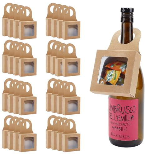 GOMAKERER 80 Pcs Paper Wine Bottle Box with Window, Small Hanging Gift Boxes Hanger Foldable Wine Bottle for Valentines Candy Truffles Chocolate Cookies Packing(3.5x3.1x6.5Inch)