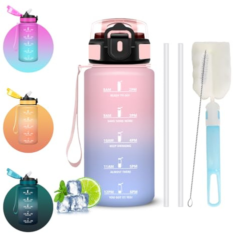 Botella Agua, 500ml Botella Agua Niños, Cepillo para Botellas y Pajita, Cantimplora con Pajita, con Marcador de Tiempo, Portátil A Prueba de Fugas Cantimplora para Deportes, Colegio, Oficina, Escuela