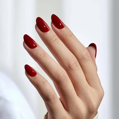 Solid Color Red Press on Nails Short Oval Solid Fake Nails Red Designs False Nails True Full Cover Glossy for Women Girls Daily Wear Manicure Decoration 24Pcs