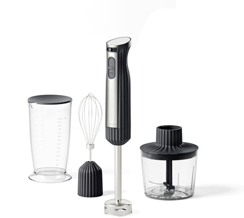 Guzzini, Sous Chef, Bio-basierter Mixer, 600 W, mit Turbo-Funktion, Stiel aus Edelstahl, mit Zerkleinerer, Messbecher 700 ml und Universalbesen (Anthrazit)