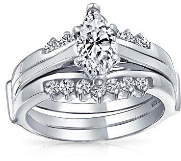 Ensemble de bagues de fiançailles et de mariage pour femmes en argent sterling .925 avec solitaire marquise de 2,5 carats AAA CZ et garde d'insertion.
