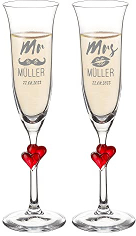 AMAVEL 2er Set Sektgläser mit roten Herzen und Gravur, Mr. & Mrs., Personalisiert mit Namen und Datum, Kussmund und Schnurrbart, Füllmenge: 200 ml