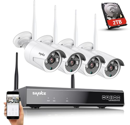 SANNCE Set di telecamere di sorveglianza 4CH 5 MP NVR e 4 telecamere WiFi da 3 MP, per esterni, Wi-Fi, con schermo da 1 TB, per riconoscimento personale, supporta Alexa