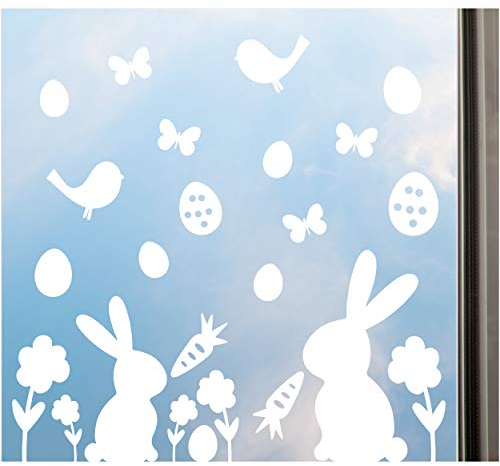 Fensteraufkleber Ostern, Fenster Deko Set, 27-tlg, Fensterbild mit Osterhase, Ostereier, Blumen, Schmetterlinge uvm., ablösbar & wiederverwendbar!