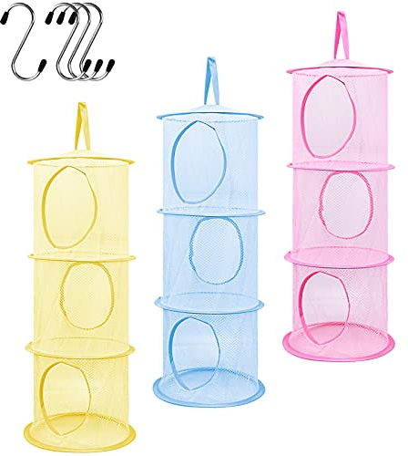 Pinsheng 3 PCS Hanging Mesh Storage Basket, Foldable 3 Tier Hanging Storage Organizer with 4Pcs S Hook, Toy Storage Hanging Bag for Small Clothes, Wardrobe, Travel