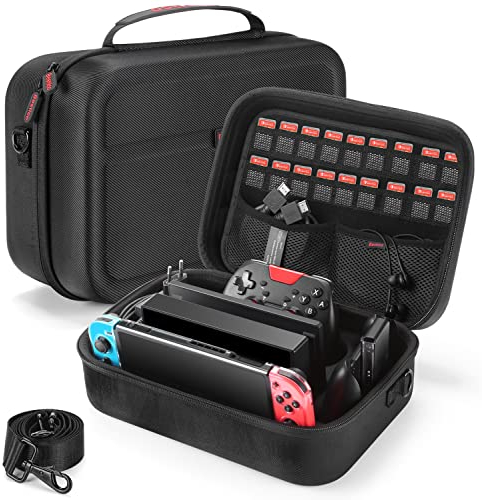 Bestico Tasche für Nintendo Switch/Switch OLED, Deluxe Harte Tragetasche Hülle Schutz Case mit Größerem Speicherplatz für die Switch Konsolle, Pro Kontrolleur und Andere Zubehör mit 18 Spielpatronen