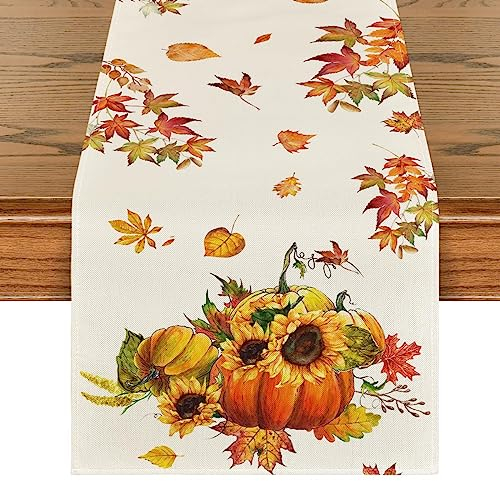Artoid Mode Kürbisse Ahornblätter Sonnenblumen Herbst Tischläufer, Saisonnal Küche Tisch Dekoration Drinnen Urlaub Party Dekor 40x140 cm