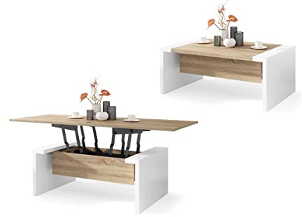 All4All Couchtisch Carlo - Kaffeetisch - Wohnzimmertisch - Sofatisch - ausklappbar - höhenverstellbar - 110x70cm - 05 - Sonoma Eiche + Weiß