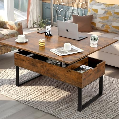 VOWNER Mesa de Centro Elevable 3 en 1 Multifuncional Con Almacenamiento Oculto, Convertible en Comedor de Salón, Marrón Retro