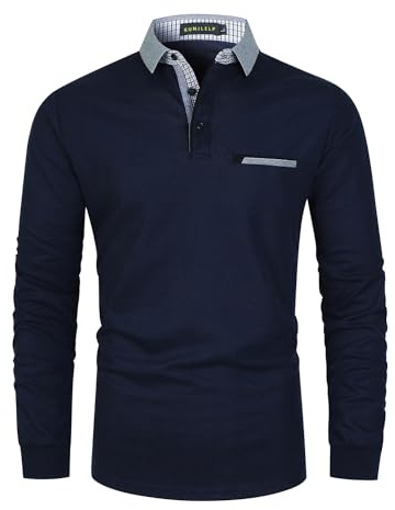 KUNJLELP Poloshirt Herren Langarm, T Shirts Männer, Hemd Herren Denim-Splice T-Shirt Golf Polo Shirt