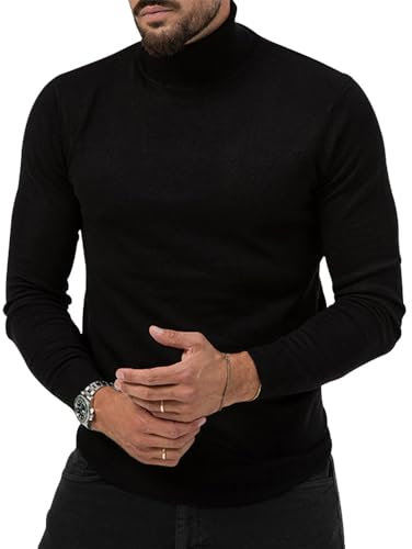 Basic Sweater Herren Slim Fit Hoher Kragen Warm Strickpullover Herren Business Komfortabel Casual Gestrickter Tops Herren Klassisch All-Match Knit Sweater Herren F-Black1 XXL
