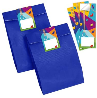 Minkocards 8 Geschenktüten (blau) + 8 Aufkleber Klettern Bouldern Geschenktüten für Mitgebsel Mädchen Jungen Gastgeschenk einpacken beim Kindergeburtstag Mädchengeburtstag Jungengeburtstag