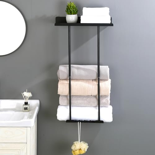 Towel Rack for Bathroom,Wall Mounted Heavy Duty Self Adhesive Towel Holder, 81cm Adjustable Pole (38–75cm), Black Towel Rail with Hooks and Shelf – No Drilling Bathroom Organizer (Black)